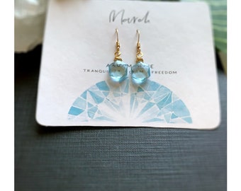 Aqua earrings, hexagon earrings, aqua blue, gold earrings, March birthstone, handmade, quartz earrings