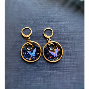 Iridescent butterfly earrings, brass, shungite, healing crystals,resin, black hoops