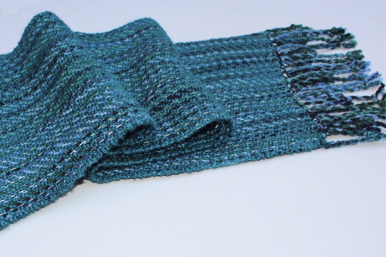 Teal Blue Green Handwoven Reflective Scarf  Night Safe Light image 5