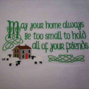 Embroidered Irish Blessing Tea Towel: Farmhouse Decor, White Cotton