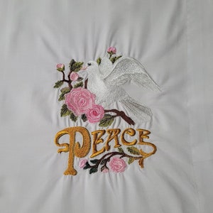 Embroidered Dove of Peace Pillowcase: White Percale, Standard/Queen Size