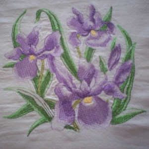 Embroidered Iris Tea Towel: Sketched Floral Flour Sack Towel