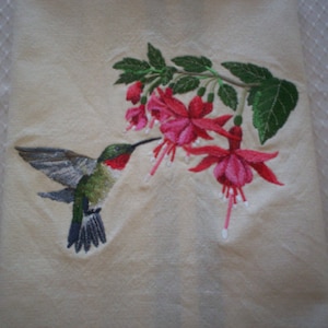 Ruby-Throated Hummingbird Embroidered Tea Towel, Machine Embroidered White Cotton Flour Sack Towel, Personalization Available, Birthday Gift
