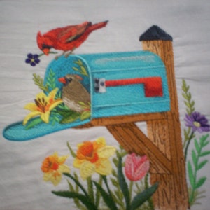 Embroidered Cardinal Tea Towel: Spring Mailbox Design, Cotton Flour Sack