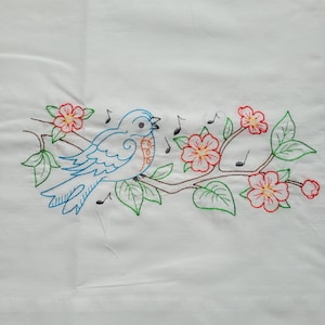 Singing Bluebird Border Embroidered Pillowcase, Custom Machine Embroidered White Percale, Standard/Queen Size, Personalization Available