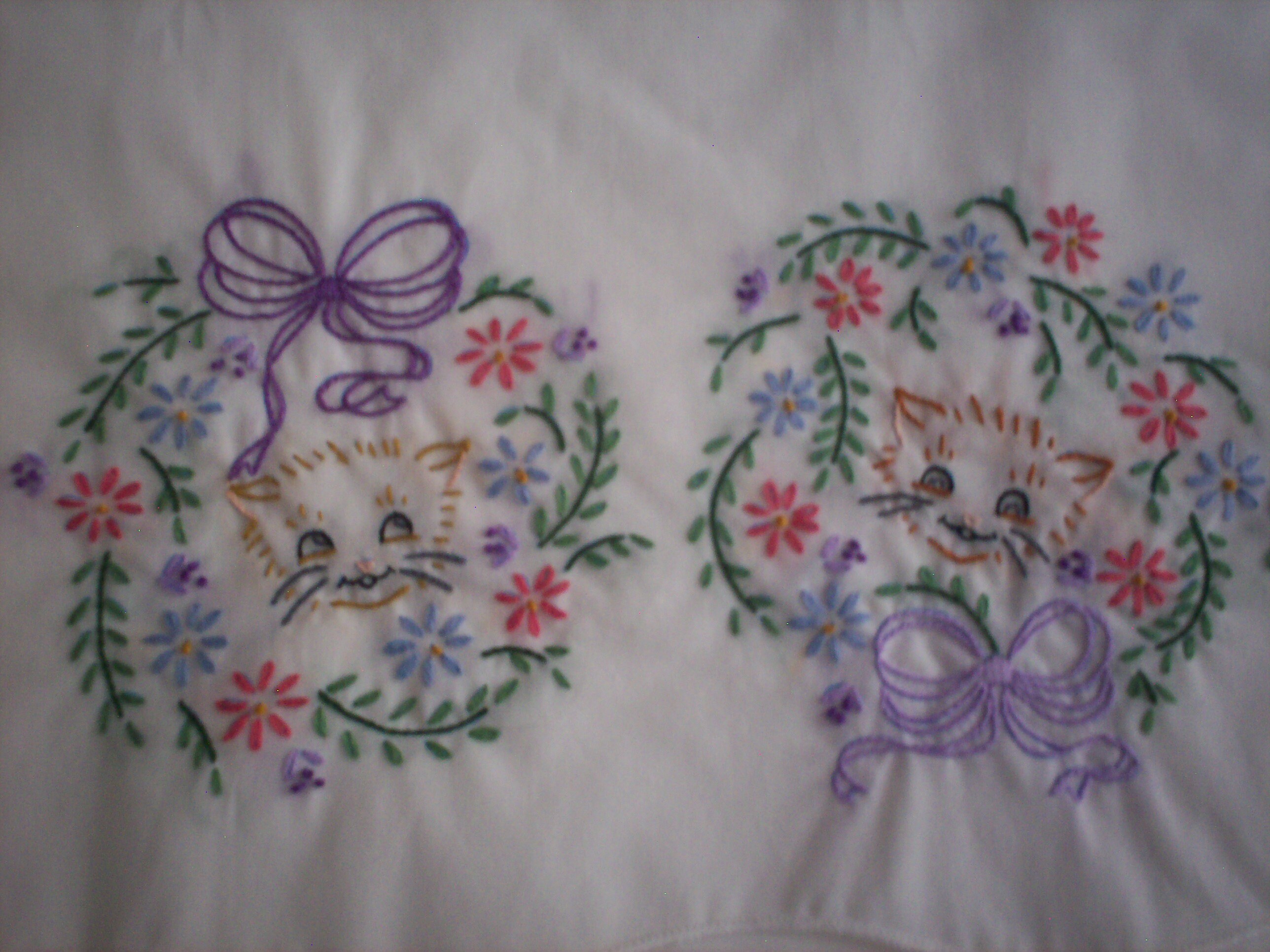 Flower Cats Embroidered Pillowcase Set Kitten Trio Etsy