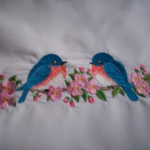 Blossoms and Bluebirds Border Pillowcase, Custom Embroidered White No Iron Percale Pillowcase in Two Sizes, Personalization Available