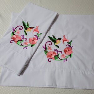 Embroidered Hummingbird Pillowcase: White Percale, Standard/Queen, Personalized