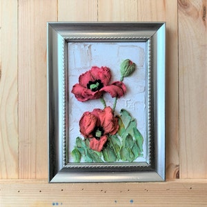 Red Poppy Flowers Relief Painting, Original Sculptural Painting, Shabby Chic, Poppy flower, peony, Impasto Painting, Cottagecore Wall Decor