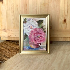 Mini Roses Painting, Small Framed Original Oil Painting, Roses In A Vase, Impasto Painting, Original Floral Wall Art, White And Pink Roses