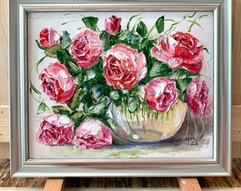 ピンクのバラの油絵 オリジナルの花瓶に入った花の絵画 クラシックな壁