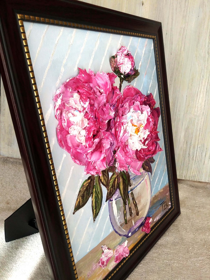 Pink Peonies in a Vase Original impasto Ranunculi oil painting Framed No.04-214 hang or stand alone