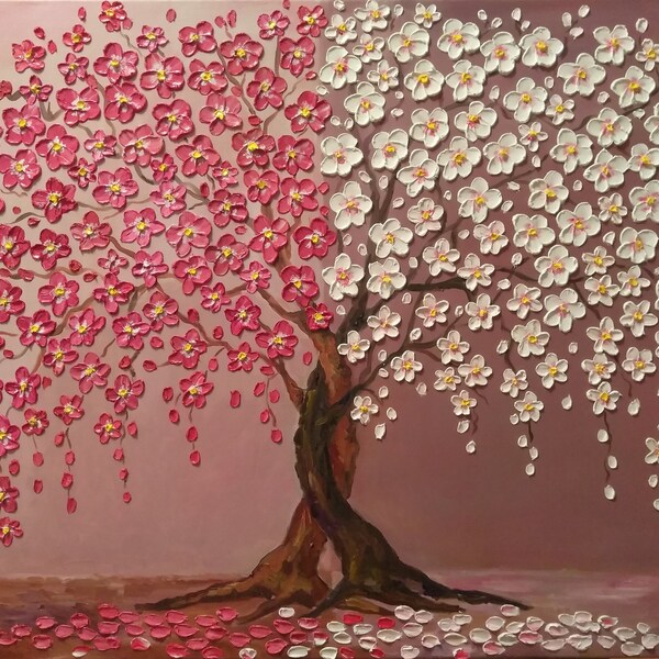 Cherry Blossom Trees Day And Night   Original oil impasto painting  on Stretched Canvas  size 24" X 30"  No.02-05 ready to hang
