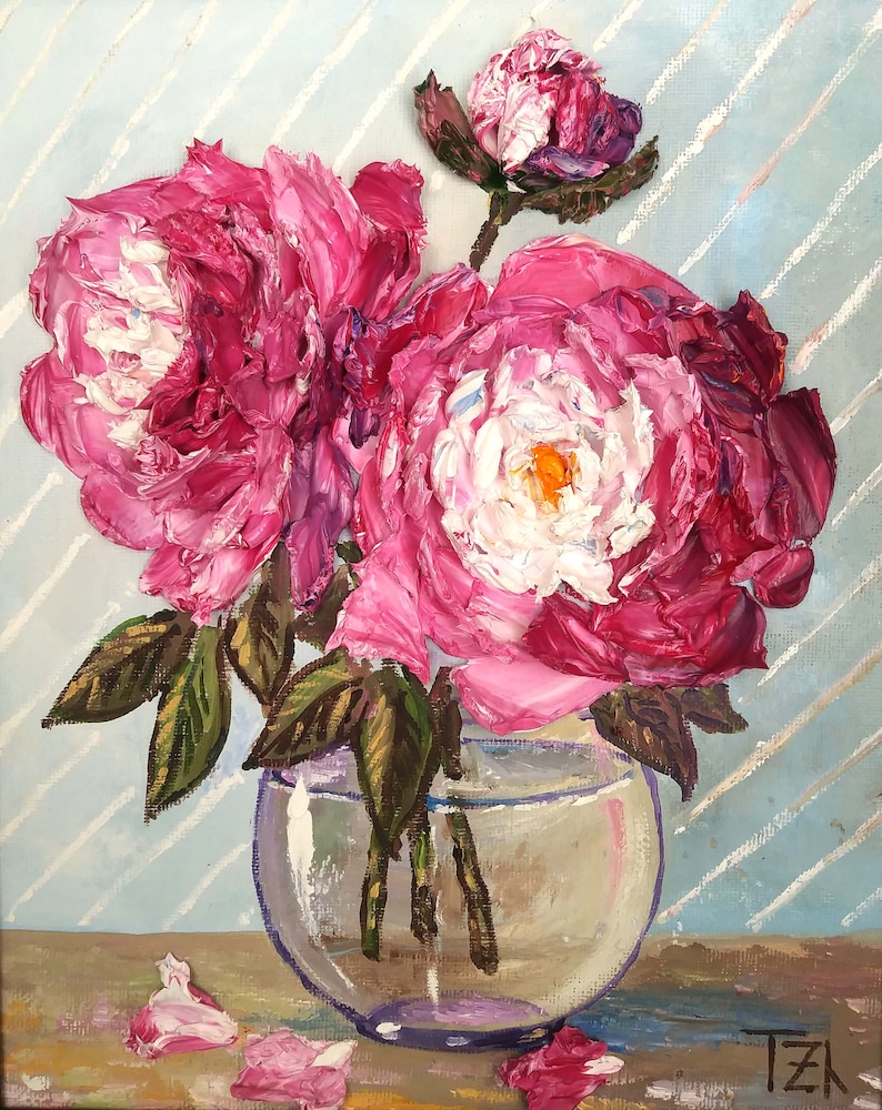 Pink Peonies in a Vase Original impasto Ranunculi oil painting Framed No.04-214 hang or stand alone