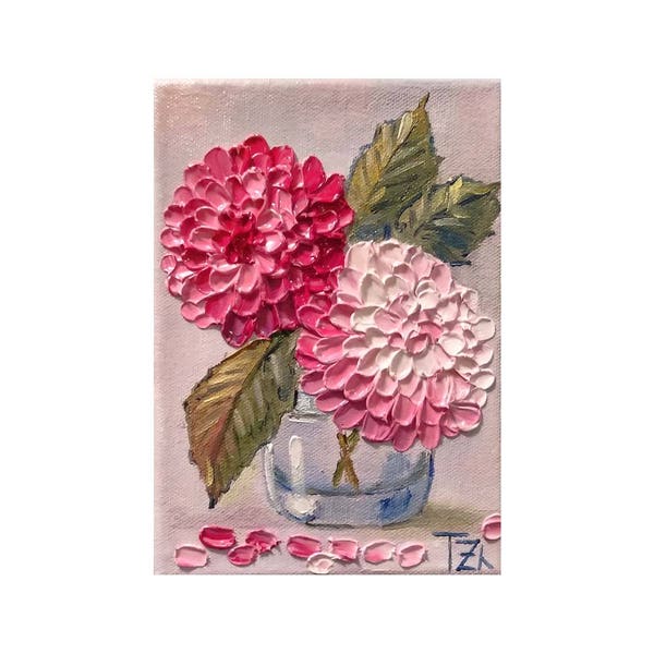 Pink Dahlias pom pom Original impasto oil painting No.04-81  ready to hang