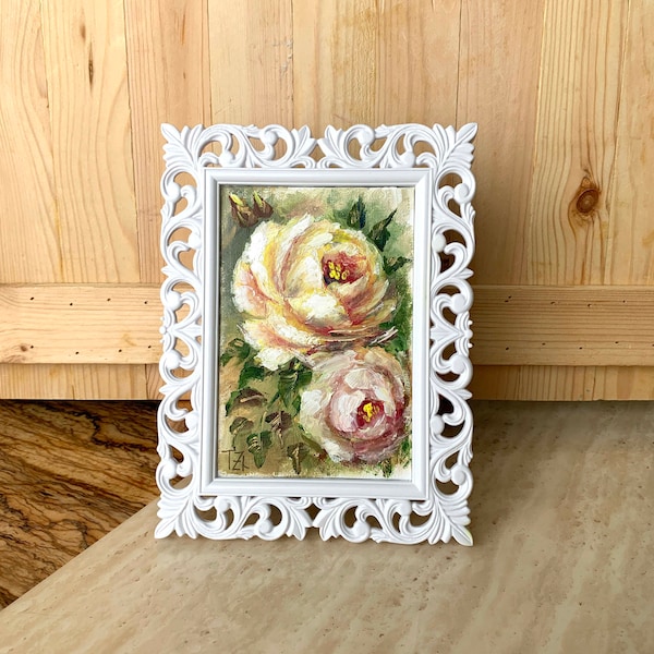 Shabby chic original oil small painting with yellow roses in frame