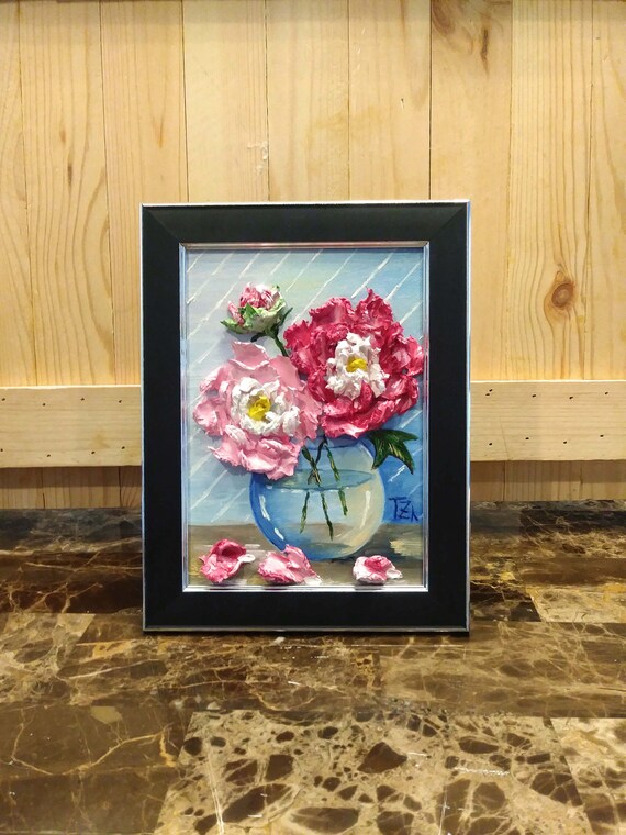 Peonies In Vase Painting, Ranunculi Oil Painting, Framed Original Painting, Impasto Wall Art, Relief Painting, Living Room Decor, No.04-270