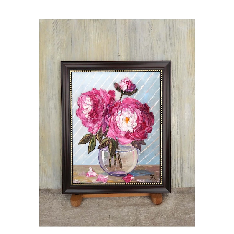 Pink Peonies in a Vase Original impasto Ranunculi oil painting Framed No.04-214 hang or stand alone