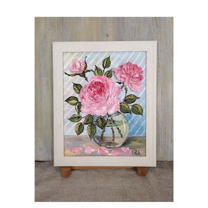 Pink Victorian Roses Painting, Flowers In A Vase, Original Impasto Painting, Ranunculi Oil Wall Art, Small Framed Wall Hanging, No.04-217