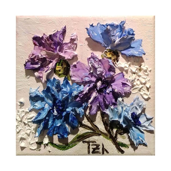 Blue Cornflowers Original  small OIL painting 4 x 4 inches  stretched canvas collectible  ready to ship