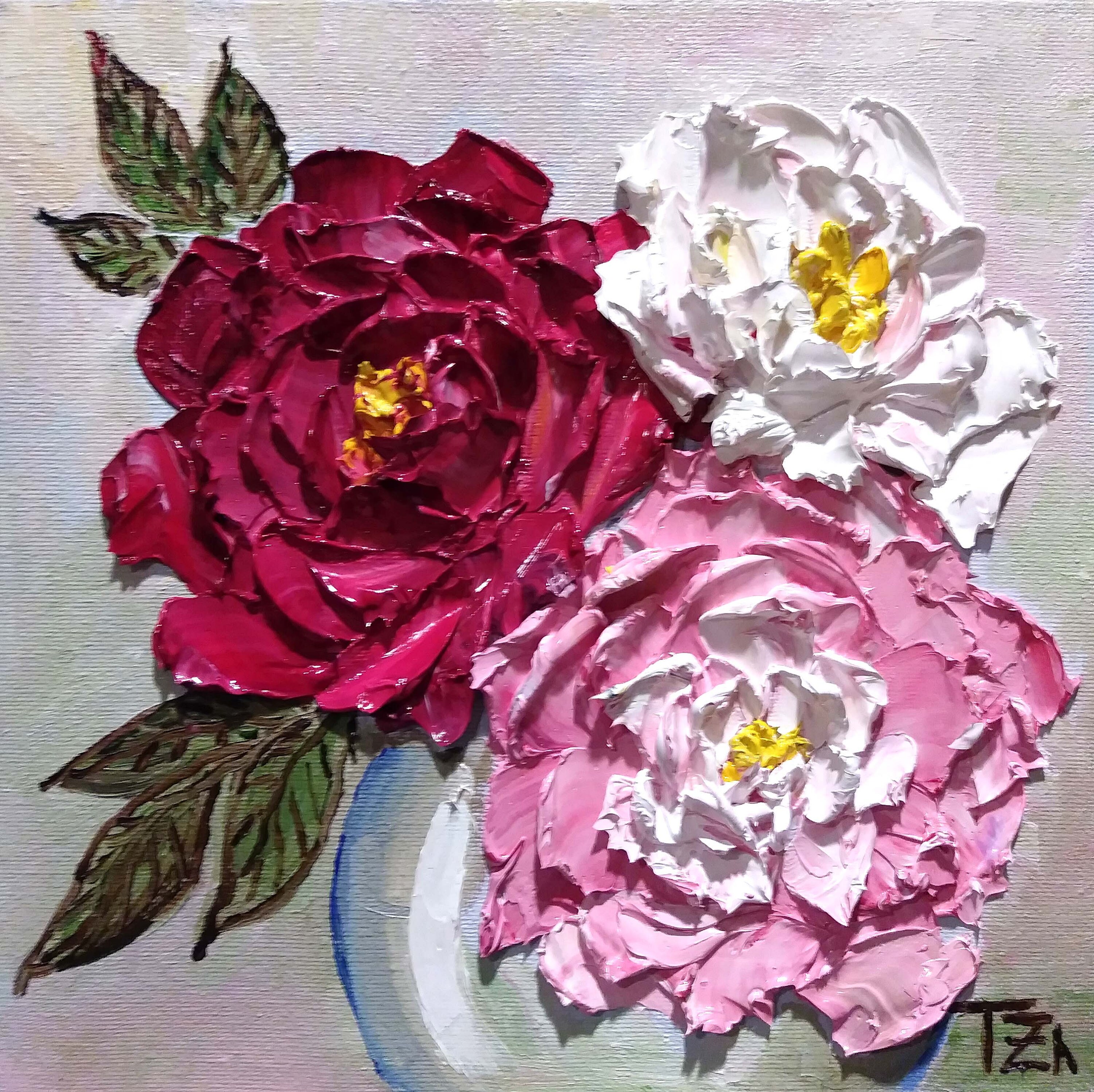 ピンクと白の牡丹、小さな油絵、8 x 8 インチ、オリジナルのインパスト