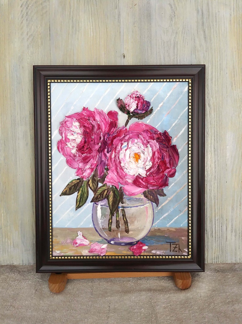 Pink Peonies in a Vase Original impasto Ranunculi oil painting Framed No.04-214 hang or stand alone