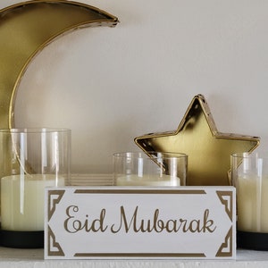 Eid Mubarak Sign, Eid Decor, Eid Table Sign, Islamic Wood Sign, Tiered Tray, White Gold, Islamic Holiday Party Decor, Eid Gift Family Friend