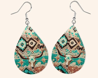 Aztec Bull Skull Teardrop Earrings, Western Boho Jewelry