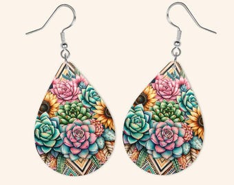 Aztec Teardrop Earrings: Western Succulent Jewelry