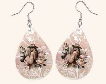 Vintage Cowgirl Horse Teardrop Earrings, Floral Rodeo Jewelry
