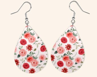 Floral Teardrop Earrings, Elegant Flower Print, Lightweight