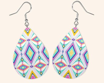 Aztec Earrings: Pink Aqua Pattern, Fun 90’s Style