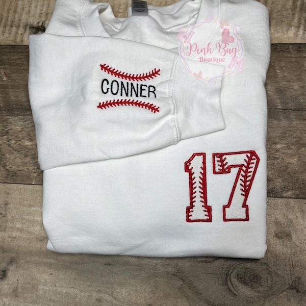 BASEBALL Embroidered Sweatshirt- Childs Name On Sleeve- Personalized Baseball Mom- Sports- Custom Sweatshirt- Crewneck Sweatshirt- T-Ball