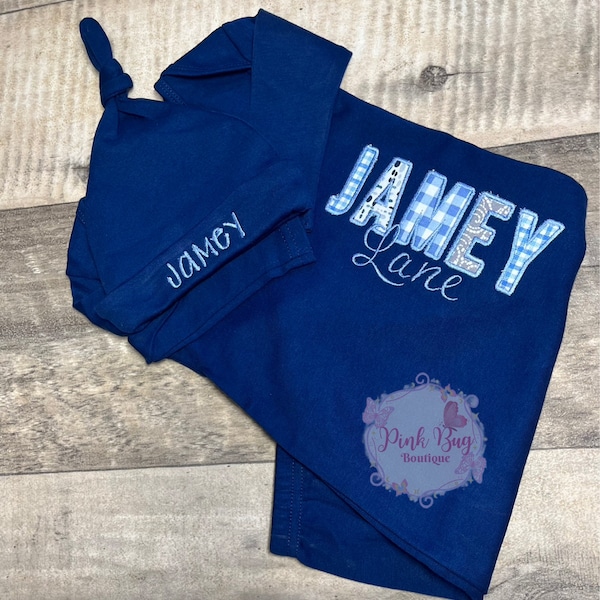 Personalized Embroidered Baby Boy Newborn Gown- Hat With Name- Infant Gown W Applique Name- Take Home Outfit- Newborn Pictures- Baby Shower