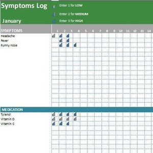May include: A green, blue, and yellow chart with a grid pattern. The chart is titled "Symptoms Log" and has a section for "Symptoms", "Medication", "Diet", and "Exercise/Workout". The chart is for tracking symptoms, medication, diet, and exercise over a period of time.