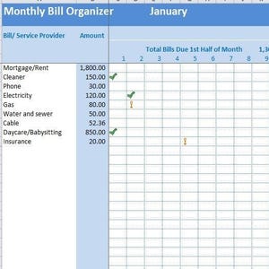 May include: A spreadsheet titled "Monthly Bill Organizer" for January. It lists bills like mortgage, cleaner, phone, and electricity with corresponding amounts. The total bills due for the month are calculated.
