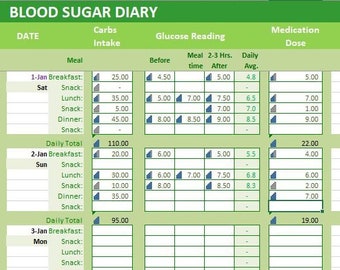 Blood Sugar Diary Excel Template, Carbs Glucose Levels Tracker Spreadsheet, Monthly Medication Symptoms Log, Diabetes Journal