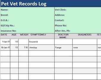Pet Medical History Tracker Excel Template/Symptoms Diary/Medical Benefits Journal/ Medication Records Log Spreadsheet