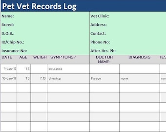 Pet Medical History Tracker Excel Template/Symptoms Diary/Medical Benefits Journal/ Medication Records Log Spreadsheet