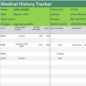 Medische geschiedenis tracker Excel-sjabloon/symptomendagboek/medische gegevens/medicatiegegevens logboek spreadsheet