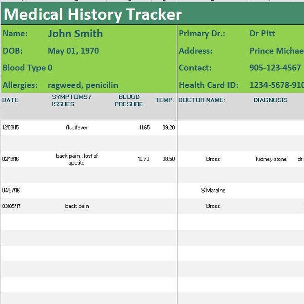 Medical History Tracker Excel Template/Symptoms Diary/Medical Benefits Journal/ Medication Records Log Spreadsheet