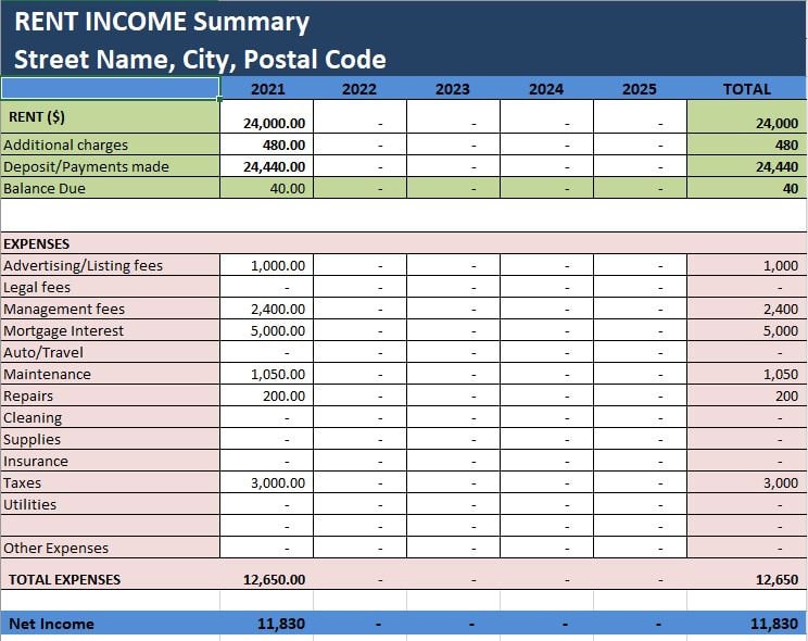 Simple Rental Income Form Rent Income Excel Template, Online Tax File, Rent Expense Tracker, Tax ...