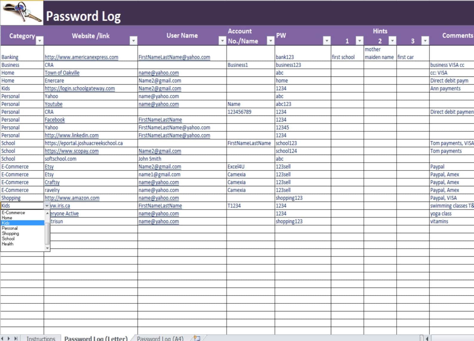 Password Log Excel and PDF Template, Password Tracker Spreadsheet ...