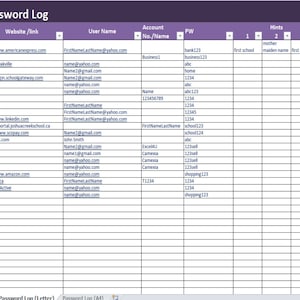 Password Log Excel and PDF Template, Password Tracker Spreadsheet ...