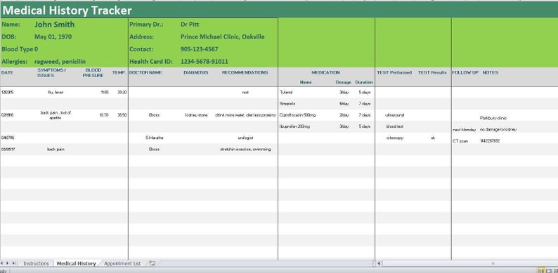 Medical History Tracker Excel Template Symptoms Diary Medical Etsy