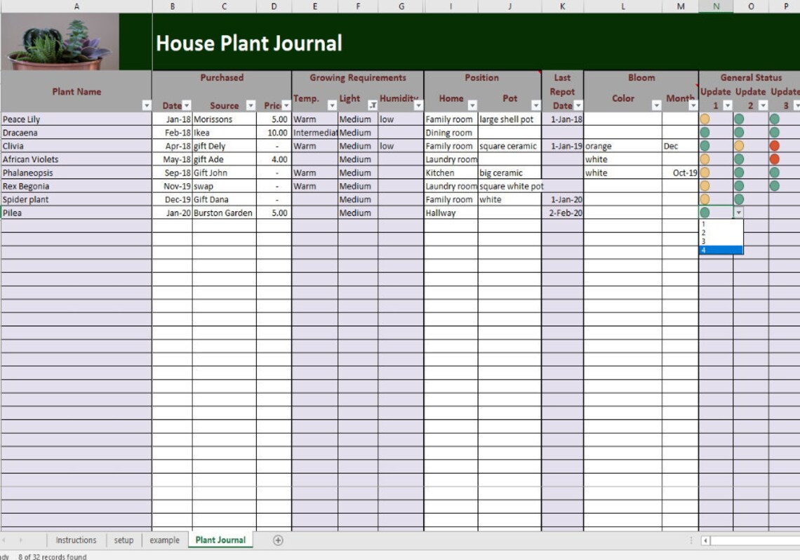 House Plants Journal Excel and PDF Template, Plants Log Spreadsheet