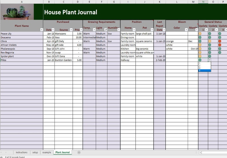 House Plants Journal Excel and PDF Template, Plants Log Spreadsheet