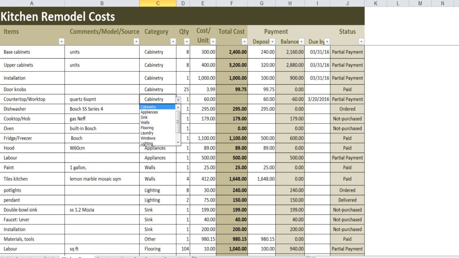 Kitchen Remodel Costs Calculator Excel Template, Renovation Cost Vs