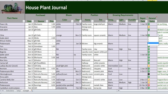 house plants journal excel and pdf template plants log spreadsheet flower keeper agenda inventory printable editable file plant journal template