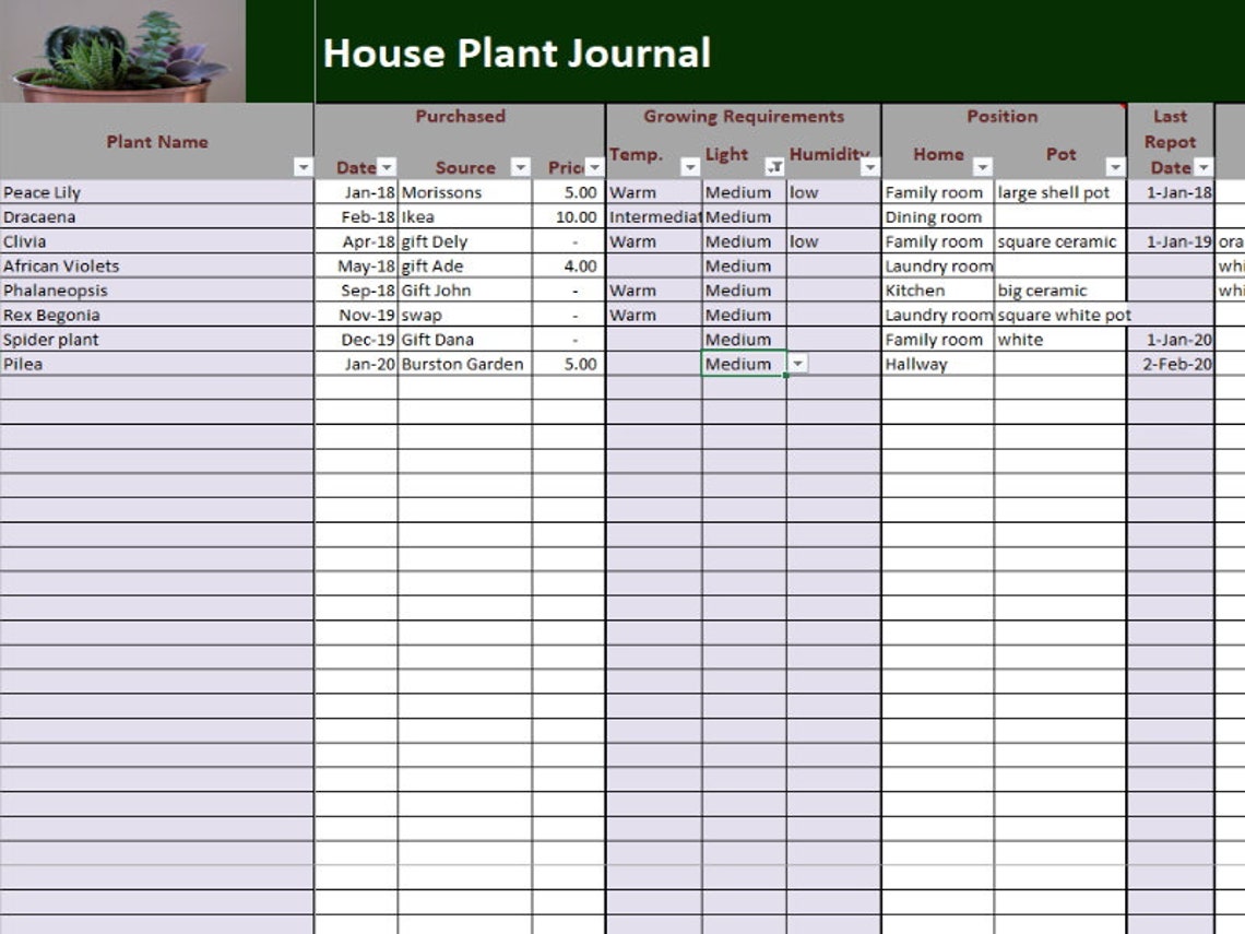 House Plants Journal Excel and PDF Template Plants Log Etsy